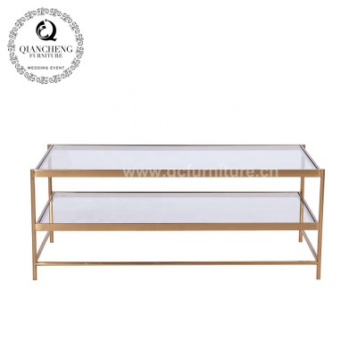 clear glass 2 layer golden stainless steel coffee table