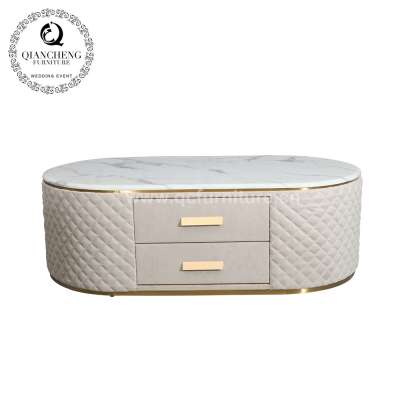 oval luxury marble tap PU cover coffee table with drawer